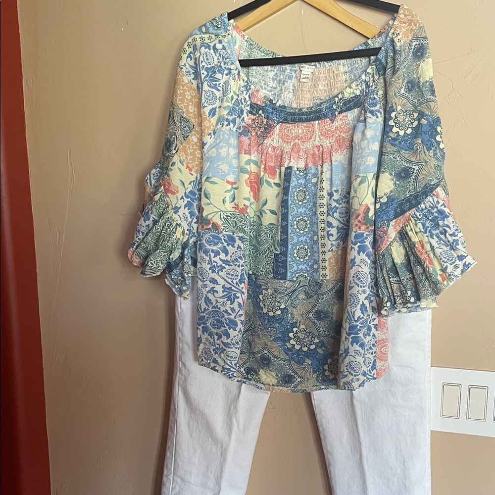 Cato Patchwork Peasant Blouse - Blue, Cream, Coral, Green